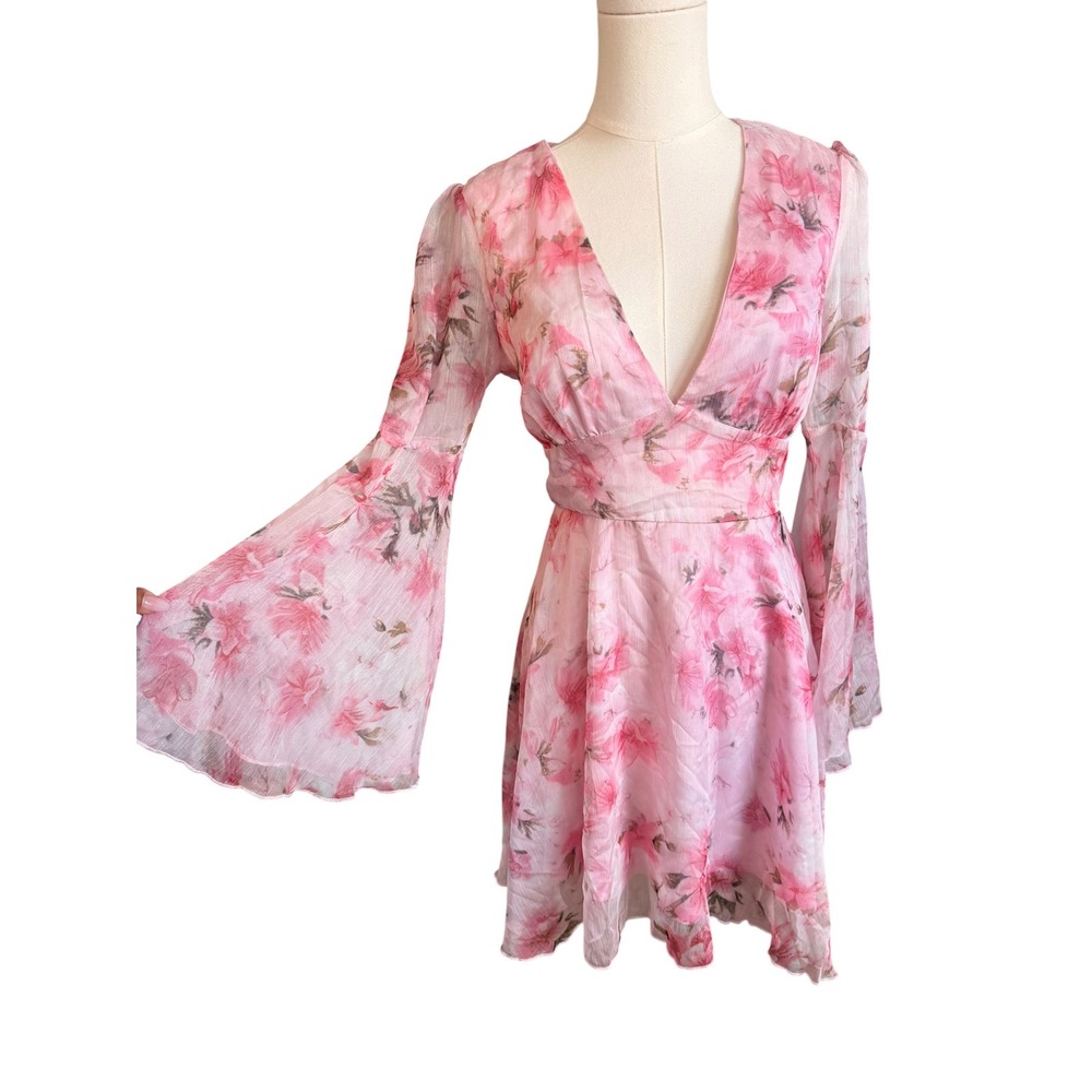 Double Crazy Pink Floral V-Neck Bell Sleeve Mini Dress Size S Boho Romantic